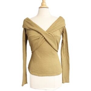 Free People Olive Green Waffle Knit Wrap Off-the-Shoulder Top Shirt Small